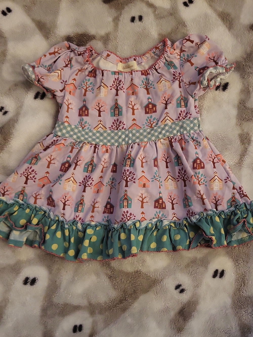 Matilda Jane Lilac Village Print Dress with Teal Polka-Dot Ruffle